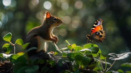A curious squirrel gazing at a vibrant butterfly amidst a lush green backdrop, capturing a moment of wonder and interaction in a peaceful woodland setting.

