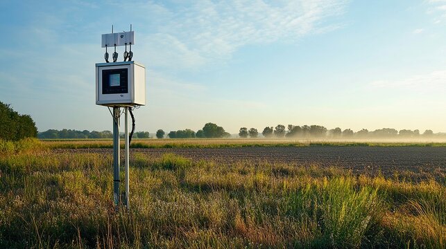 A white box with antennas and wires stands in a field.  The sky is blue and the field is green with a line of trees in the background.