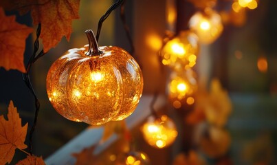 String lights with glass pumpkins and acorns