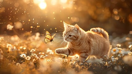 Playful Orange Tabby Cat Chasing Butterfly in Golden Sunset Meadow