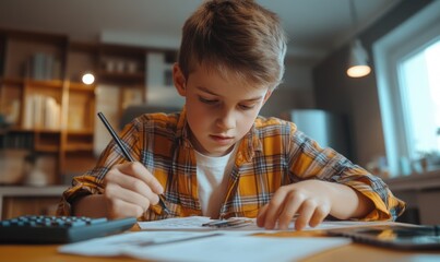 Young boy working on math problems