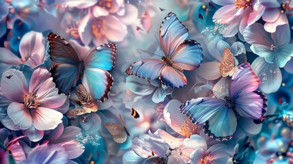 A mesmerizing tapestry of delicate pink flowers and vibrant butterflies creates a breathtakingly beautiful and enchanting scene, perfect for a touch of nature's wonder.