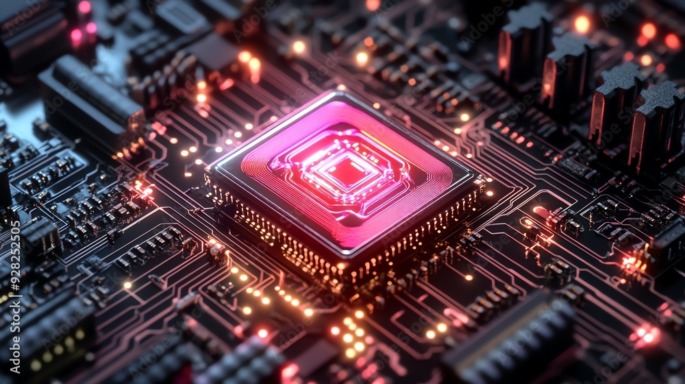 Poster Close-up of a glowing CPU on a circuit board.