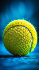 Close-up of a Yellow Tennis Ball with Blue Background, Sports Equipment in Focus