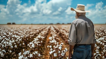 A farmer standing in a cotton field wearing a wide-brimmed hat and looking over the rows of blooming cotton plants under a bright blue sky filled with fluffy white clouds creating a peaceful scene.

