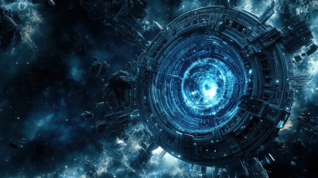 A futuristic looking spaceship in the middle of a space, AI