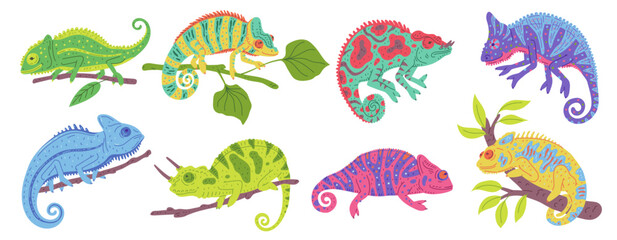 Charming vector collection illustration of a chameleon with neon patterns on its body