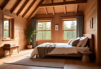 A cozy bedroom in a wooden cabin with large windows overlooking a forested landscape. The room features a comfortable bed, wooden beams on the ceiling, and a warm, rustic atmosphere