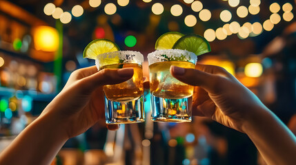 Two friends toast with tequila shots, garnished with lime wedges and salt, enjoying a lively atmosphere in a bustling bar