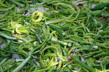 Sweet green pepper left for drying at the market in Kırşehir