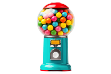 A Teal Gumball Machine Filled With Colorful Treats Ready For Dispensing on a White or Clear Surface PNG Transparent Background.