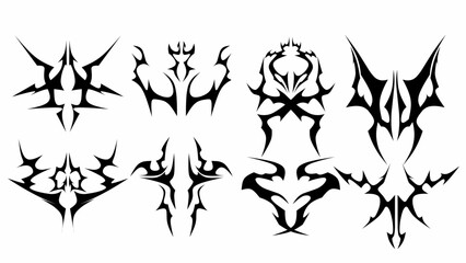 neo tribal shapes with a stiff touch. Set of Symmetrical Tribal Pattern Cyber ​​Gothic Elements in Abstract White black Print for t-shirt, hoodie and sweatshirt or card, poster
