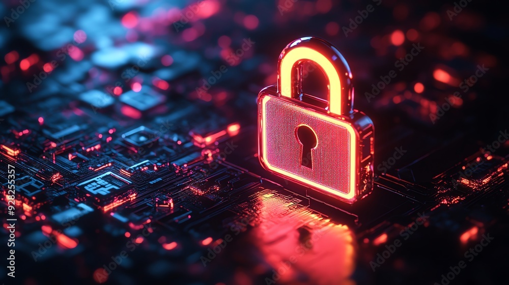 Poster cyber security - padlock on circuit board.
