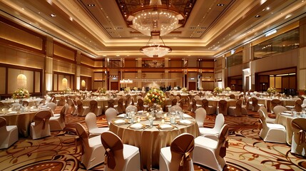 Grand ballroom interior showcasing elegant table settings with white tablecloths and brown chairs. The room is decorated with gold accents and a large chandelier, creating a luxurious and formal.