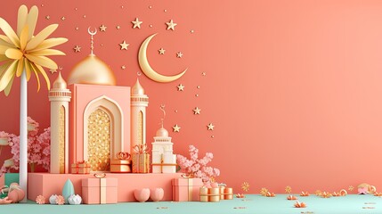 Festive Islamic Mosque with Golden Decorations and Gifts