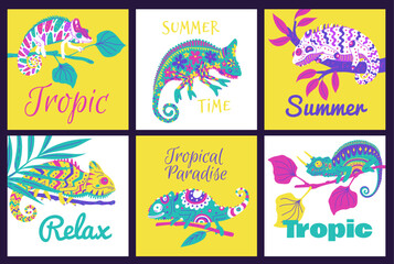 Obraz premium Vector set of posters with cute colorful chameleons text on a white and yellow background