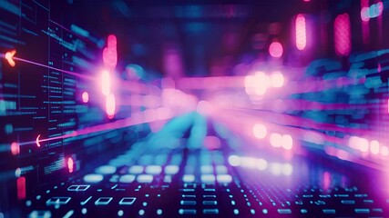 Vibrant visual representation of data transmission in cyberspace. Dynamic light trails and binary code showcase high-speed digital communication.