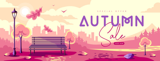 Seasonal retro flat autumn big sale banner with city landscape, bench in the park and falling leaves. Vector illustration