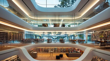 Modern library interior with a curved design and glass walls, showcasing bookshelves filled with books. The space is bright and airy with natural light flowing through the windows.