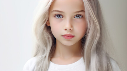 Portrait of a chic cute beautiful blonde child girl with long white hair and perfect skin, white background, banner.