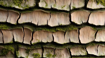 The distinctive bark of a horse chestnut tree, characterized by a textured, scaly appearance and clusters of moss, captured in natural daylight