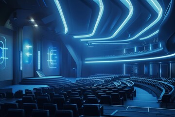 Naklejka premium An online workshop is held in a high-tech virtual auditorium, characterized by futuristic design and blue hues.