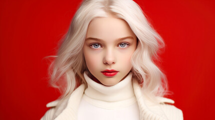 Portrait of a chic cute beautiful blonde child girl with long white hair and perfect skin, red background, banner.