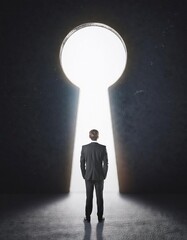 Obraz premium businessman standing in abstract key opening in wall with bright light 