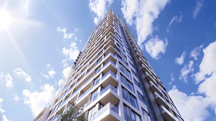 Modern skyscraper design towering height against backdrop of blue sky and fluffy clouds for symbol of urban progress architectural innovation and city skyline concept.