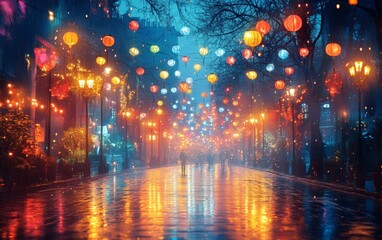 Obraz premium A vibrant and colorful street illuminated by lanterns, reflecting on the wet pavement, creating a magical night scene.