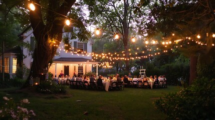 Group of people are gathered around a table in a backyard, enjoying a dinner party under string lights. The atmosphere is warm and inviting.