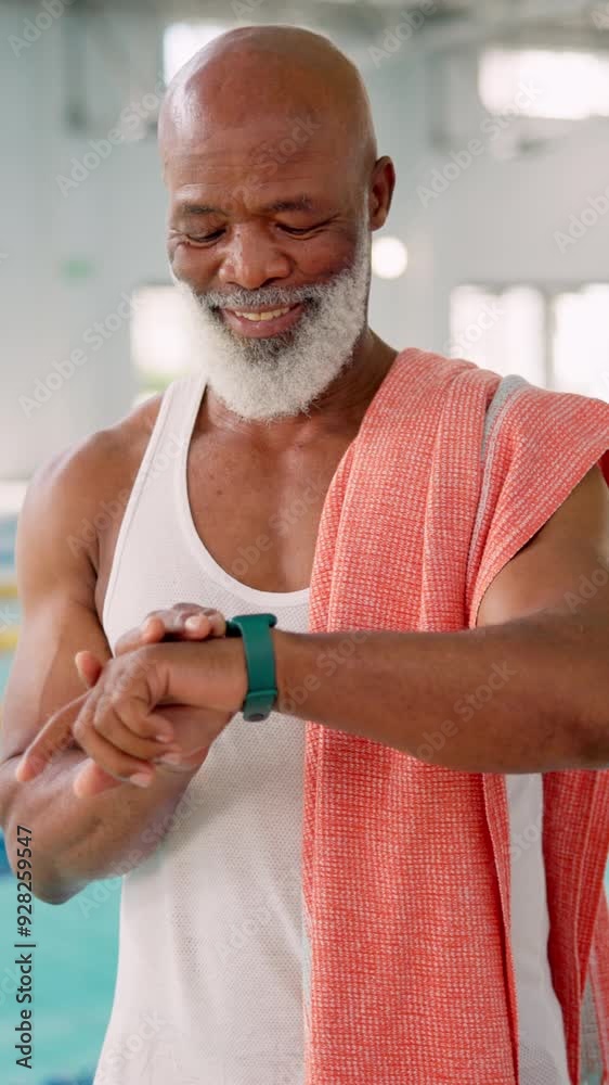 Poster Swimming pool, watch and senior man with smile, healthy and tracking for lapse rate, fitness and towel. Old person, instructor and pensioner with time, retirement and tech for training and workout