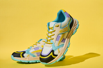 White sneakers with colored accents on yellow background, Pair of fashionable sport shoes. Studio shot of shoes for shop advertisement, creative minimalist style