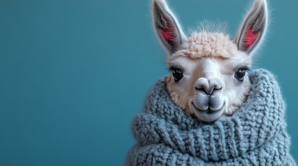 Fototapeta premium Llama peeking out from behind a Chinese wall, minimalist background, scarf accessory Generative AI