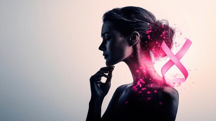 Breast Cancer survivor s silhouette in watercolor, with a pink ribbon glowing around her, symbolizing strength and hope