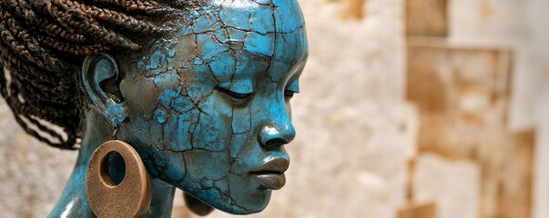 Close-up of beautiful blue African woman sculpture with intricate details and braided hair