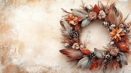 Obraz premium Earthy watercolor background with Boho Christmas wreath made of feathers and dried flowers, Boho Christmas wreath, rustic elegance