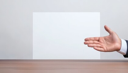 A professional hand extends toward a blank canvas, symbolizing opportunity and invitation in a clean, modern workspace.