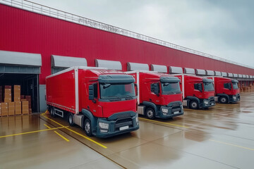 Fototapeta premium Container Trucks Parked Loading Package Boxes At Dock Warehouse