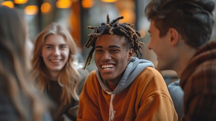 Obraz premium Friends Enjoying Lively Conversation in a Cozy Cafe