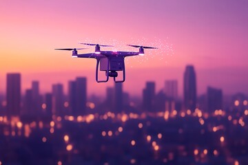 Drone Flying Over City At Sunset.