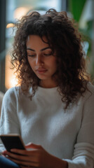 Portrait Of A Woman Using Laptop And A Phone And Checking Email Or News Online While Sitting On Sofa At Home