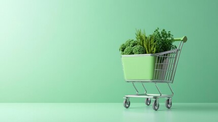Green shopping cart, eco-conscious products, 3D illustration