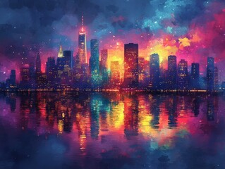 Obraz premium A vibrant city skyline illuminated at dusk, reflecting beautiful colors in the water, creating a stunning urban landscape.