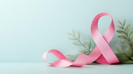 Pink ribbon flowing through a serene watercolor landscape, symbolizing Breast Cancer Awareness and peaceful strength