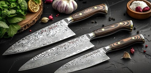 Set of three professional kitchen knives with Damascus steel blades. Sharp, durable, and stylish, perfect for any chef.