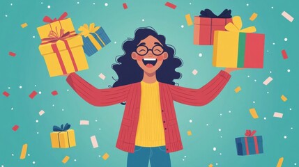 Shopper celebrating Black Friday haul, joyful expression, flat design illustration