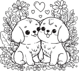 A dog couple line art coloring book illustration for kids