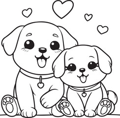 A dog couple line art coloring book illustration for kids