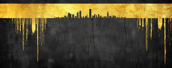 Abstract cityscape with dripping gold paint. Modern city skyline with a grunge texture.